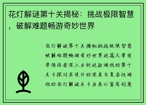 花灯解谜第十关揭秘：挑战极限智慧，破解难题畅游奇妙世界